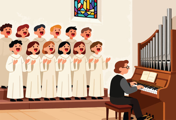Bild vergr&ouml;&szlig;ern: A choir of children in white robes sings joyfully, accompanied by an organist