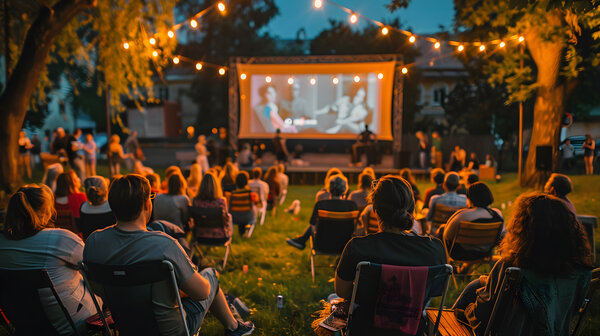 "Magical outdoor cinema experience in city park: where style meets raw beauty under stars."