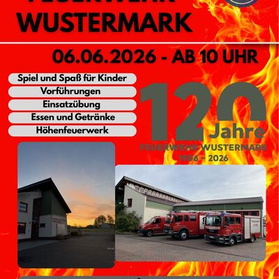  120 Jahre Feuerwehr Wustermark 

Am 06.06.2026 feiern wir gemeinsam unser 120-j&auml;hriges Jubil&auml;um  und dazu m&ouml;chten wir euch herzlich einladen! 

Freut euch ab 10:00 Uhr auf ein buntes Programm f&uuml;r Gro&szlig; und Klein mit spannenden Vorf&uuml;hrungen, Mitmachaktionen, Musik und vielen Highlights rund um die Feuerwehr Wustermark.

 Das erwartet euch unter anderem:

 Er&ouml;ffnung ab 10:00 Uhr
 Spa&szlig;wettk&auml;mpfe f&uuml;r Gro&szlig; und Klein
 Kindertanzen & Kita-Auff&uuml;hrungen
 Einweihung und &Uuml;bergabe unseres Rettungsbootes
 Fettbrandvorf&uuml;hrung
 Einsatzvorf&uuml;hrung der Feuerwehr
 Cheerleader vom ESV Lok Elstal
 Musik, Tanz & Unterhaltung
 Essen und Getr&auml;nke
 Gro&szlig;es H&ouml;henfeuerwerk um 21:30 Uhr

Kommt vorbei, verbringt mit uns einen tollen Tag und feiert 120 Jahre Feuerwehrgeschichte in Wustermark! 

 Samstag, 06. Juni 2026
 Beginn: 10:00 Uhr
 Feuerwehr Wustermark

Wir freuen uns auf euch! 