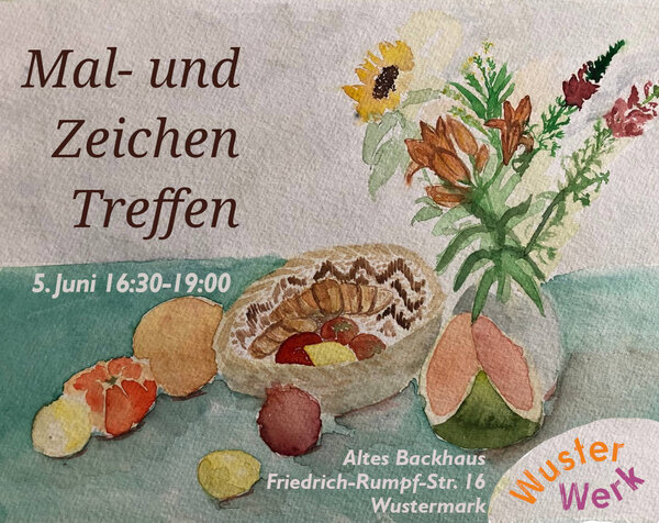 Bild vergr&ouml;&szlig;ern: Auf ein Aquarellbild mit Blumen stehen die Infos zur Veranstaltung.