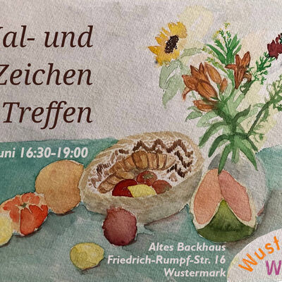 Auf ein Aquarellbild mit Blumen stehen die Infos zur Veranstaltung.