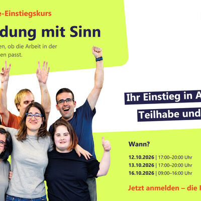 Kostenlose weiterbildung mit Sinn!
Vielleicht haben Sie schon einmal dar&uuml;ber nachgedacht, beruflich Menschen mit Beeintr&auml;chtigungen zu begleiten  wissen aber nicht, wie der Einstieg gelingt.
Entdecken Sie in drei Tagen, ob die Eingliederungshilfe zu Ihnen passt. Erhalten Sie einen praxisnahen Einblick in die Arbeit der Eingliederungshilfe und lernen, wie Menschen auf ihrem Weg zu mehr Selbstst&auml;ndigkeit und gesellschaftlicher Teilhabe begleitet werden k&ouml;nnen.
Die kostenlose Schulung richtet sich an alle, die sich f&uuml;r eine sinnstiftende T&auml;tigkeit interessieren  ganz gleich, ob als motivierte/r Quereinsteiger*in oder mit ersten Erfahrungen im sozialen Bereich.
Termine:
 12.10.2026 | 17:0020:00 Uhr
 13.10.2026 | 17:0020:00 Uhr
 16.10.2026 | 09:0016:00 Uhr
Wenn Sie sich vorstellen k&ouml;nnen, Menschen auf ihrem Lebensweg zu unterst&uuml;tzen, freuen wir uns darauf, Sie kennenzulernen.
Weitere Informationen erhalten Sie unter: 0151 25 23 59 58 (t&auml;glich bis 15 Uhr)